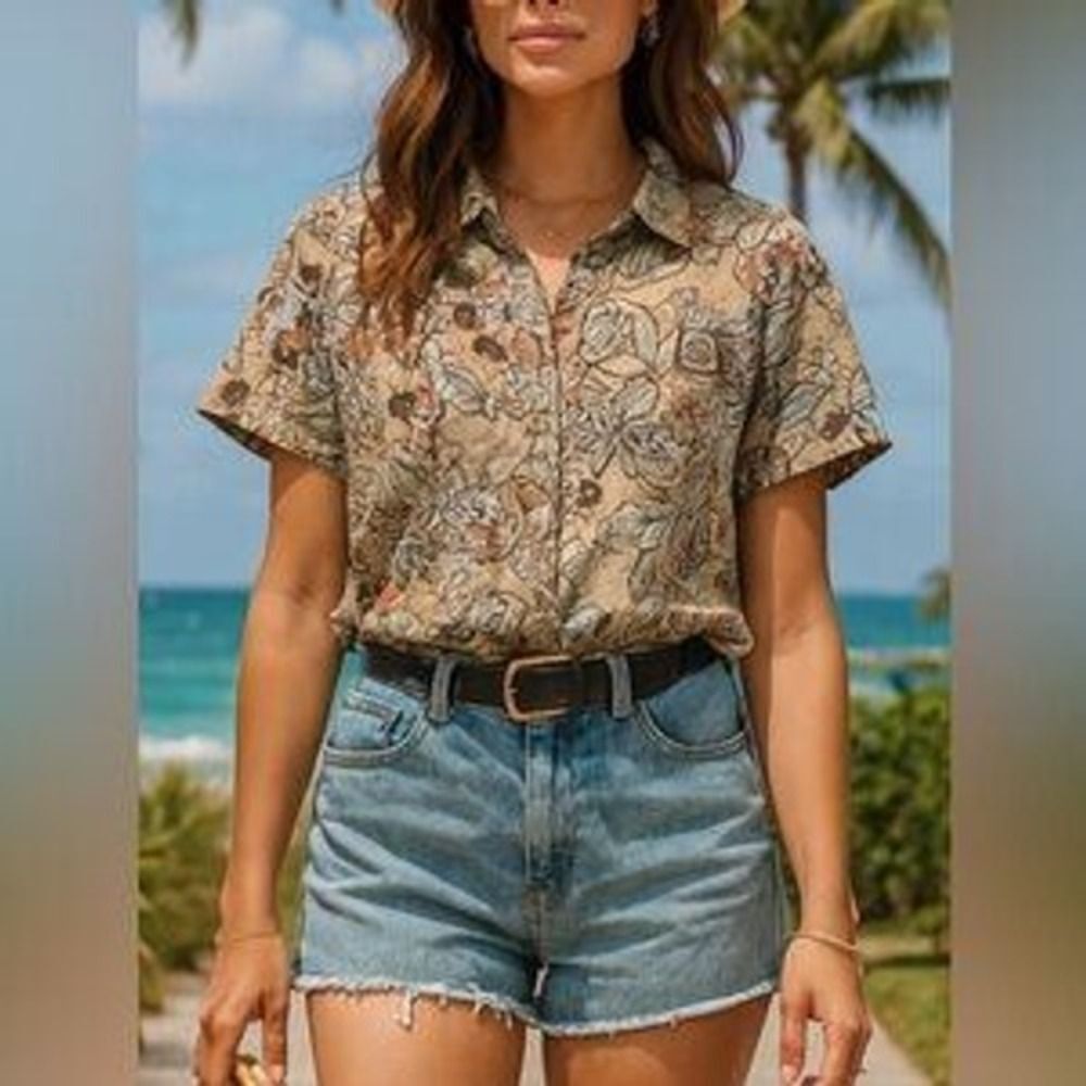 Roamans Womens Tan Cotton Floral Short Sleeve Button Shirt sz 22 Beachy Vacation